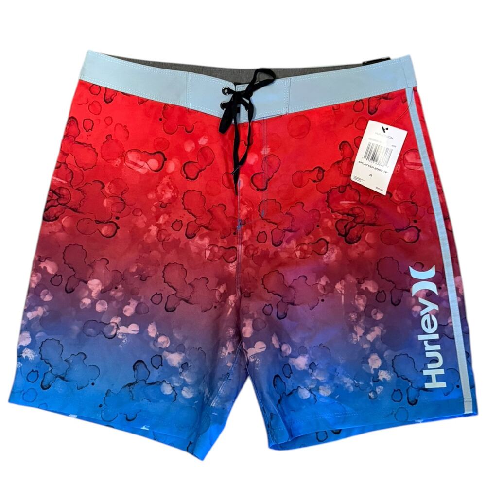 Hurley Ombre Red Blue Splatter Surf Board Swim Shorts NWT Size 32"